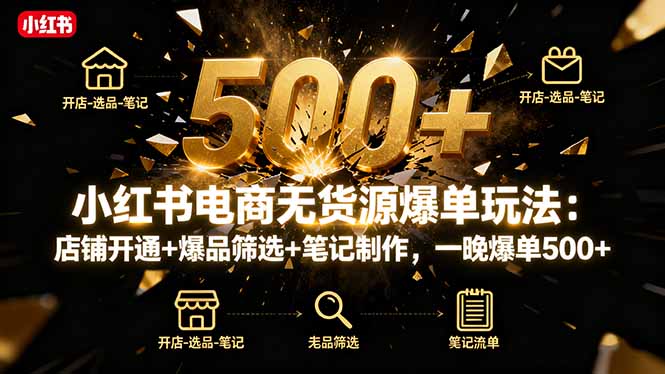 小红书电商无货源爆单玩法：店铺开通+爆品筛选+笔记制作，一晚爆单500+-linxinghc